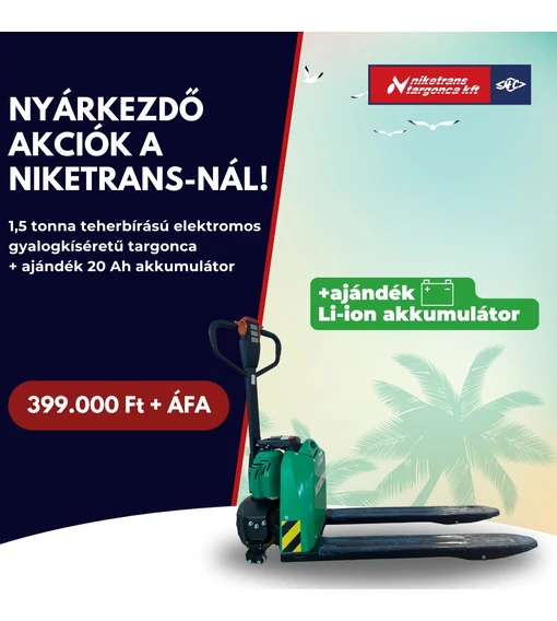 Nyárkezdő akció a Niketrans-nál! HC Elektromos raklapszállító targonca + ajándék 20 Ah Li-ion akkumulátor, 399.000 Ft+ÁFA!