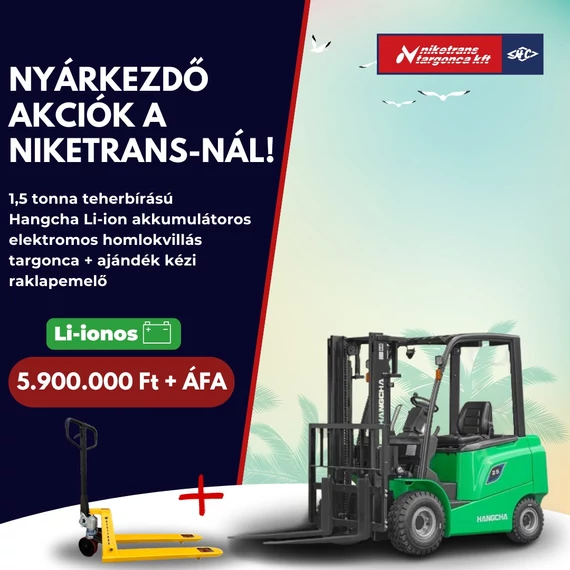 HANGCHA CPD15-AED4-I 1,5 tonna teherbírású elektromos homlokvillás targonca + ajándék kézi raklapemelő